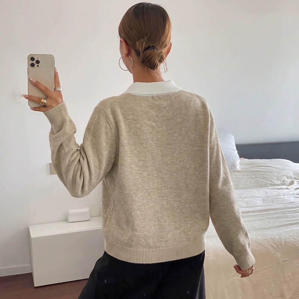 Sweet Lapel Collar Diamond Jacquard Oversized Long Sleeve Sweater
